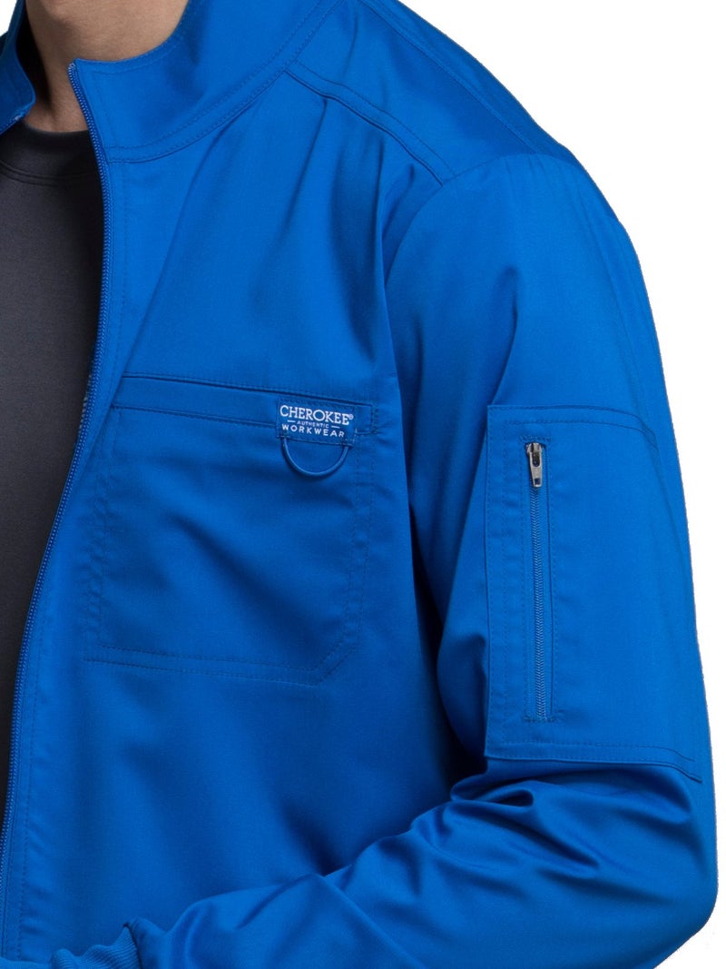 Cherokee Scrub Jacket Men's Zip Front Jacket with 5 Pockets, Bungee Loop, Rib-Knit Cuffs, Soft 2-Way Stretch Fabric - WW320, L, Royal - Image 3